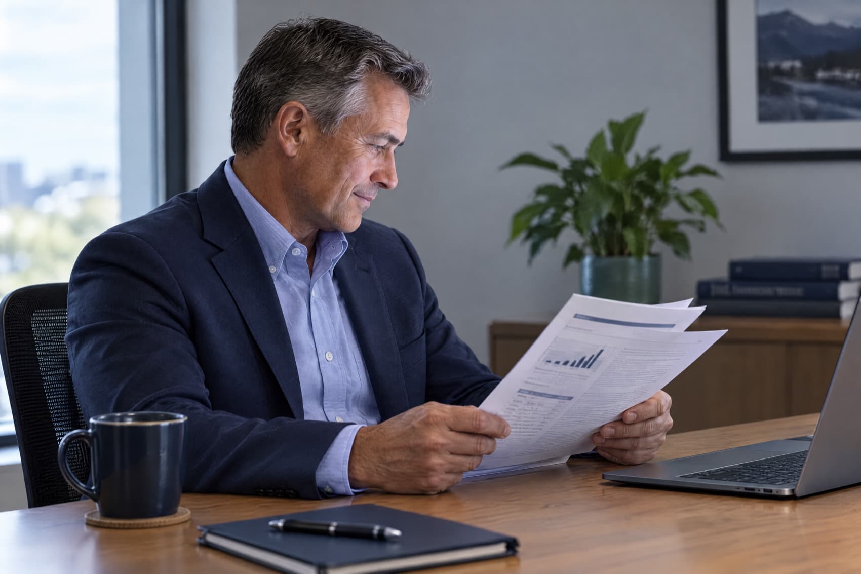 An advisor at a desk reading a printed report before a meeting